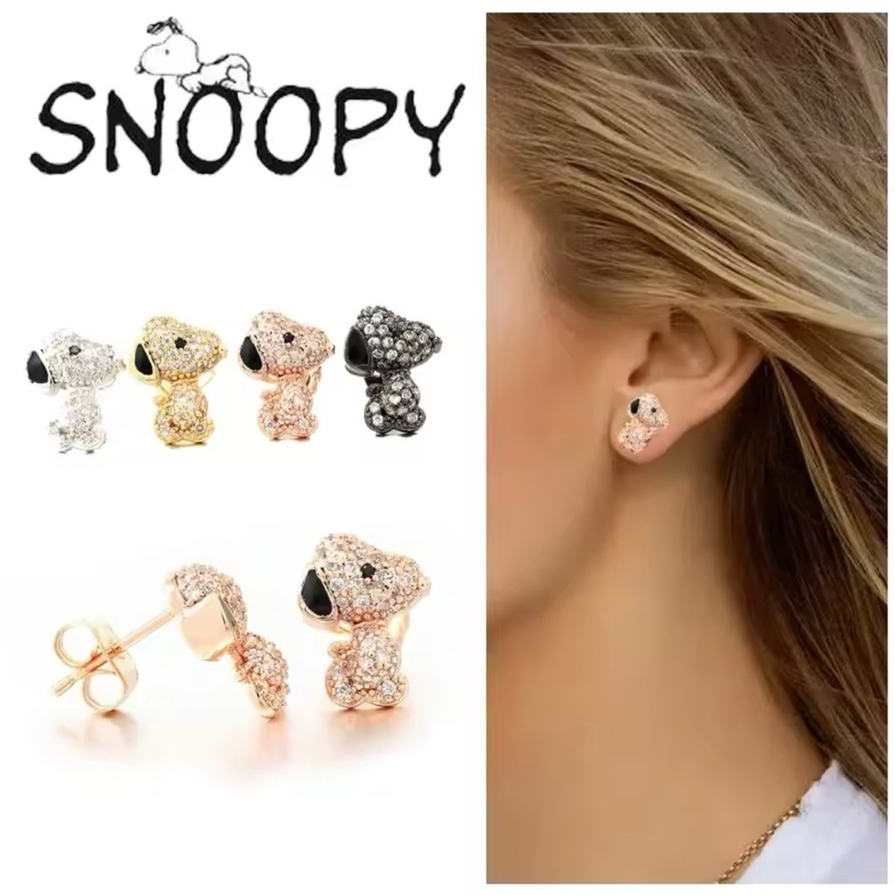 18K White Gold (Rhodium Plated) Snoopy Peanuts Theme Pave Inlay Earrings - Picture 3 of 6